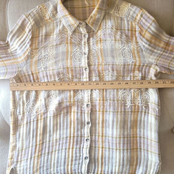 Free People Magical Plaid Embroidered Button Long Sleeve Top Gray & Orange Small - Picture 10 of 12